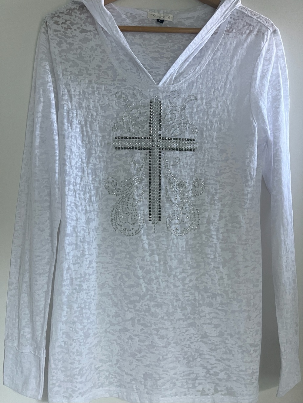 Rhinestone Cross Y2K style  White Hooded long sleeved tee by dirty pink